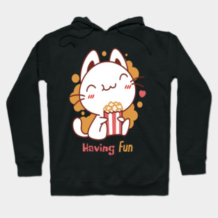 Cute Kawaii Cat Having Fun & Eats Popcorn Hoodie