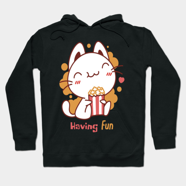 Cute Kawaii Cat Having Fun & Eats Popcorn Hoodie by DrollDrifter