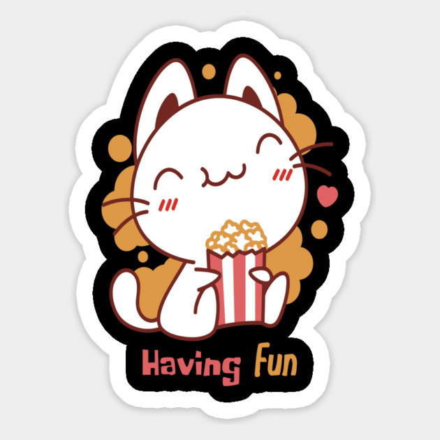 Cute Kawaii Cat Having Fun & Eats Popcorn Magnet by DrollDrifters