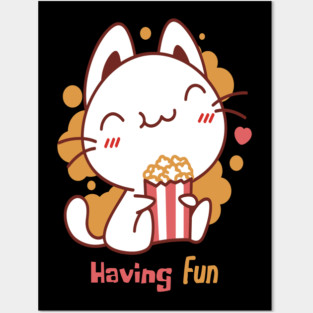 Cute Kawaii Cat Having Fun & Eats Popcorn Posters and Art