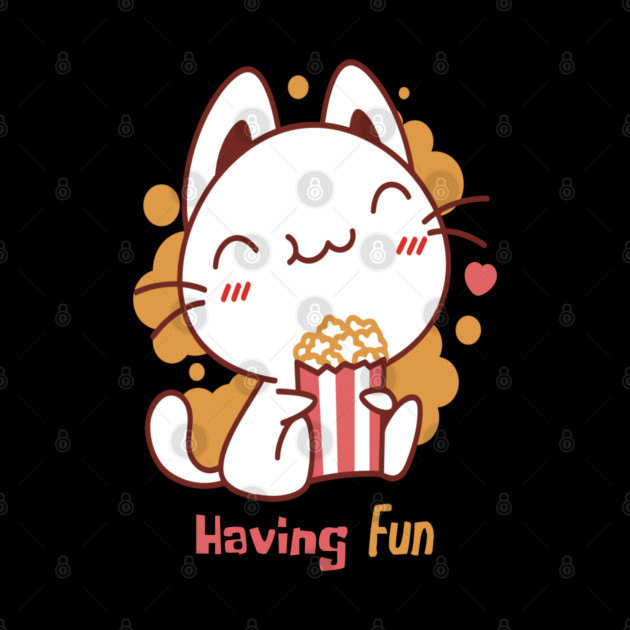 Cute Kawaii Cat Having Fun & Eats Popcorn by DrollDrifter