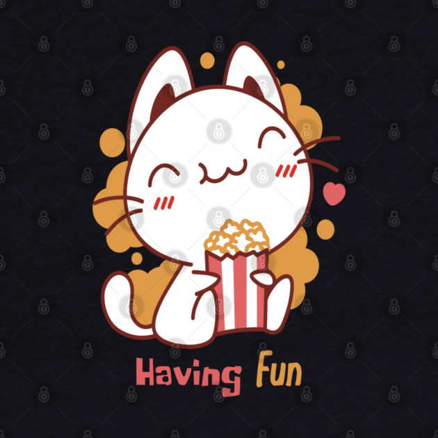 Cute Kawaii Cat Having Fun & Eats Popcorn by DrollDrifters
