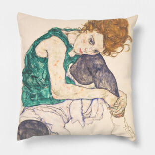 Egon Schiele - Exhibition Art Poster - Seated Woman with Bent Knee Pillow