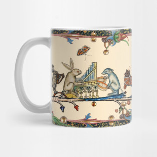 WEIRD MEDIEVAL BESTIARY MAKING MUSIC,White Rabbit And Dog Playing Organ, Harpist Hare, Snail Cat Mug