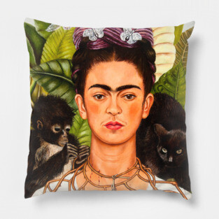 Frida Kahlo Exhibition Art Poster - "Self-Portrait with Thorn Necklace and Hummingbird" 1988 Pillow
