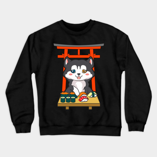 Siberian Husky eating Sushi Crewneck Sweatshirt by creative