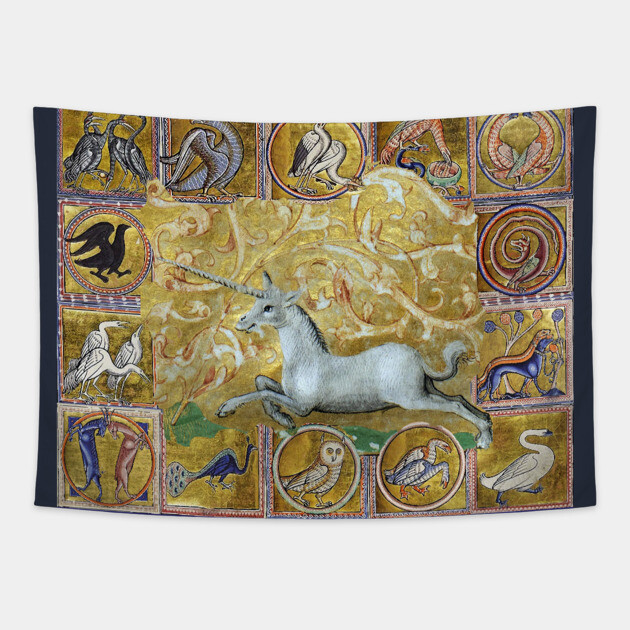 UNICORN AND MEDIEVAL BESTIARY, FANTASTIC ANIMALS IN GOLD RED BLUE