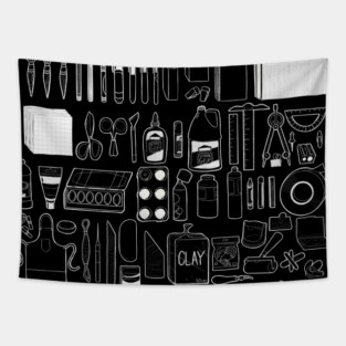 Art Supplies Doodle White Line Drawing Tapestry