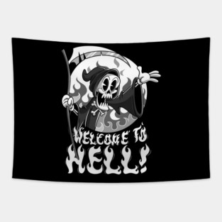 Vintage Grim Reaper Cartoon featuring Welcome to Hell Tapestry