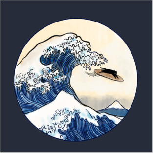 Great Wave off Kanagawa Cat Surfer Posters and Art
