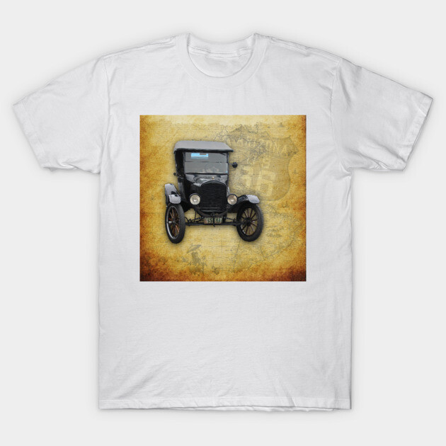 Antique Car on Old Route 66 on and Map T-Shirt by ButterflyInTheAttic