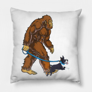 Funny Bigfoot Sasquatch Walking Boston Terrier Pillow