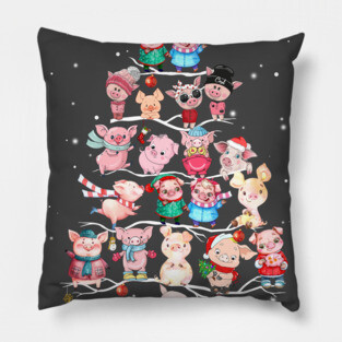 Winter Pig Tree Snow Merry Christmas. Pillow