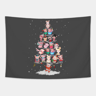 Winter Pig Tree Snow Merry Christmas. Tapestry