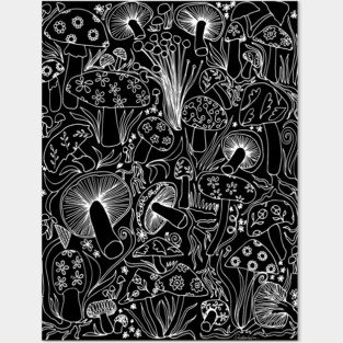 Hand Drawn Mushrooms (white ink) Posters and Art