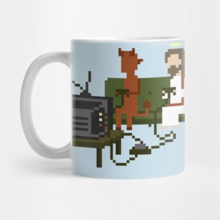 Jesus and Devil Playing Video Games Pixel Art Mug