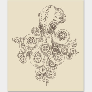 Steampunk Octopus Illustration – Vintage Nautical & Mechanical Gear Apparel Posters and Art