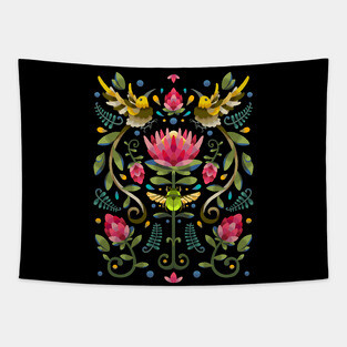 Dark Protea Flower with Sugarbird and Green Beetle Tapestry