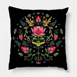 Dark Protea Circular Design with Cape Sugarbird and Green Beetle Pillow