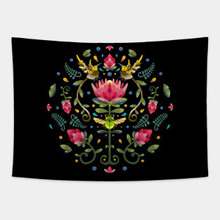 Dark Protea Circular Design with Cape Sugarbird and Green Beetle Tapestry