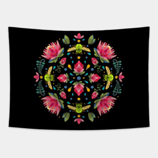 Dark Protea Flower Circle Pattern with Green Beetle Tapestry