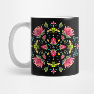 Dark Protea Flower Circle Pattern with Green Beetle Mug