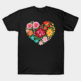 Mexican Embroidery Style Heart Design from Oaxaca, México (Black Background) T-Shirt