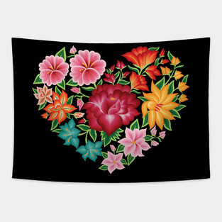 Mexican Embroidery Style Heart Design from Oaxaca, México (Black Background) Tapestry