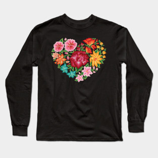 Mexican Embroidery Style Heart Design from Oaxaca, México (Black Background) Long Sleeve T-Shirt