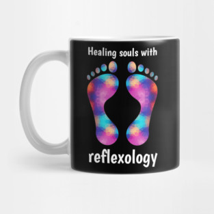 Healing Souls with Reflexology (white text) Mug