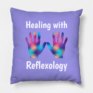 Healing with Reflexology (white text) (hands) Pillow