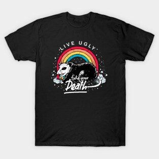 Live Ugly Fake Your Death Funny Rainbow Opossum Vintage T-Shirt