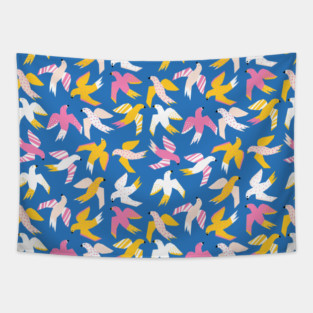 Collage Birds Blue Pink White Yellow Tapestry