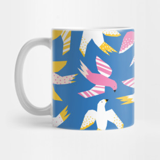 Collage Birds Blue Pink White Yellow Mug