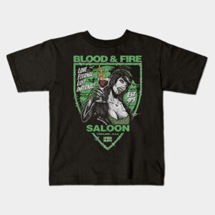 "BLOOD & FIRE SALOON" FRONT AND BACK GREEN Kids T-Shirt