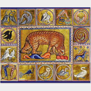 MEDIEVAL BESTIARY,BEAR, FANTASTIC ANIMALS IN GOLD RED BLUE COLORS Posters and Art