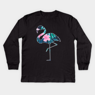 Flamingo with Tropical leaves Pattern, Love Flamingos Kids Long Sleeve T-Shirt