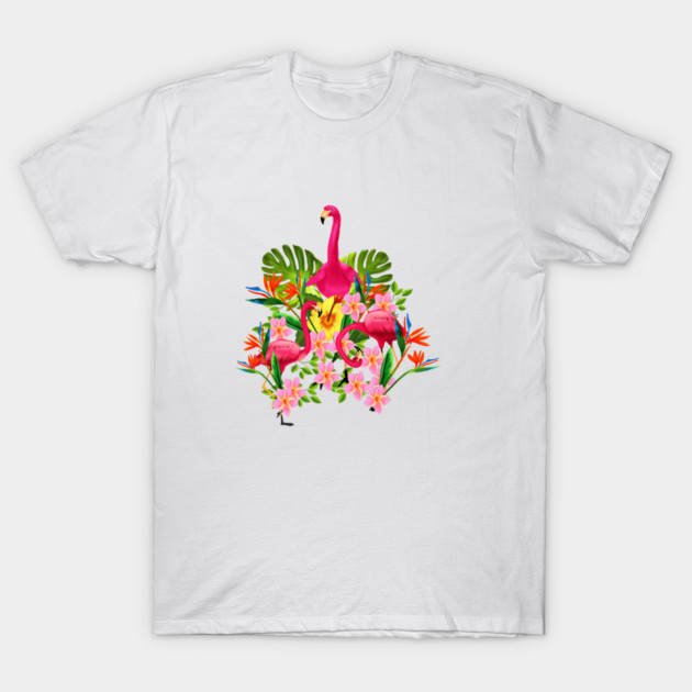 Flamingo Flock Tropical Floral, Birds T-Shirt by logiamerch