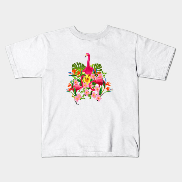 Flamingo Flock Tropical Floral, Birds Kids T-Shirt by logiamerch