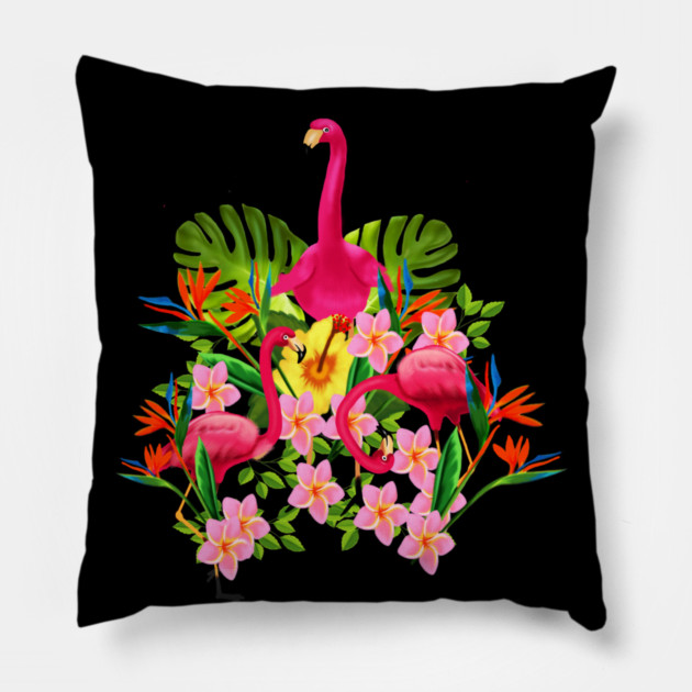 Flamingo Flock Tropical Floral, Birds Pillow by logiamerch