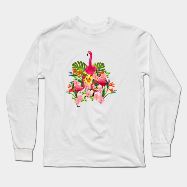 Flamingo Flock Tropical Floral, Birds Long Sleeve T-Shirt by logiamerch