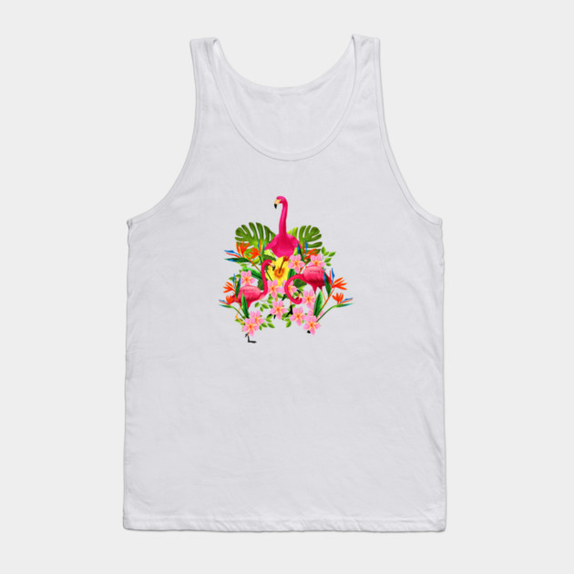 Flamingo Flock Tropical Floral, Birds Tank Top by logiamerch