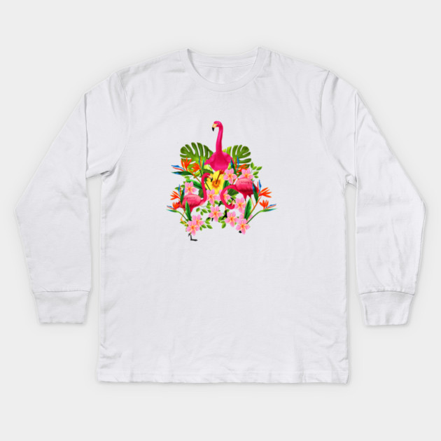 Flamingo Flock Tropical Floral, Birds Kids Long Sleeve T-Shirt by logiamerch