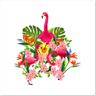 Flamingo Flock Tropical Floral, Birds Posters and Art