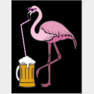 Flamingo drinking beer Funny Tropical Posters and Art