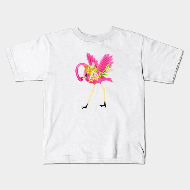Flamingo Floral Tropical Flowers, Love Flamingos Kids T-Shirt by logiamerch