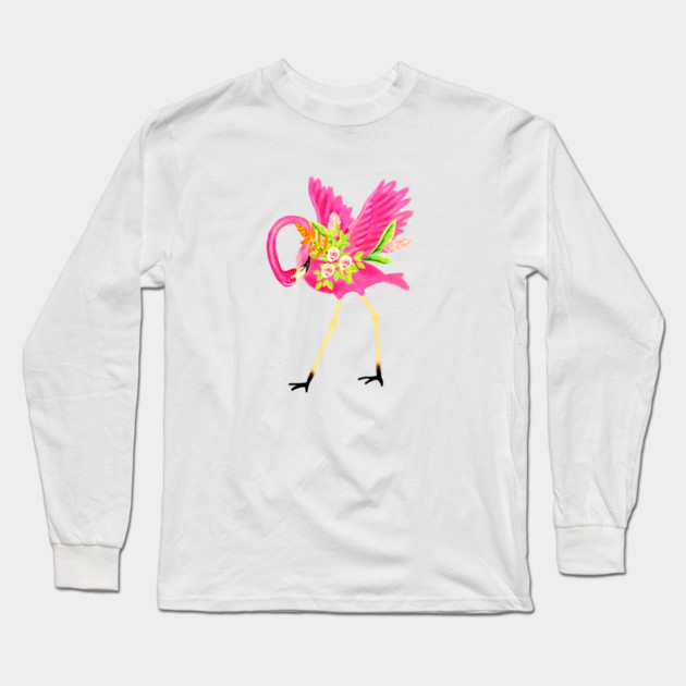 Flamingo Floral Tropical Flowers, Love Flamingos Long Sleeve T-Shirt by logiamerch