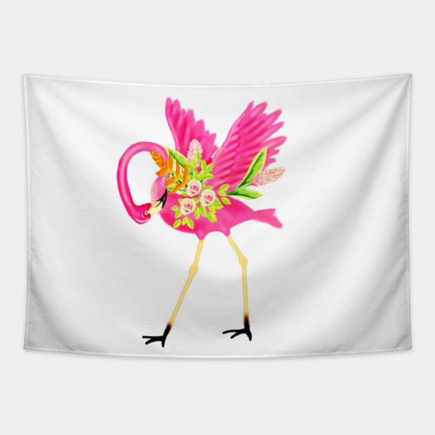Flamingo Floral Tropical Flowers, Love Flamingos Tapestry by logiamerch