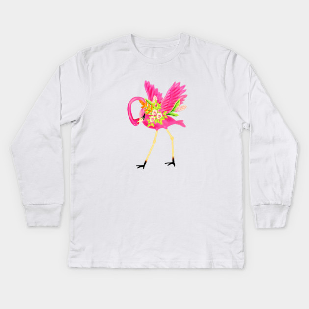 Flamingo Floral Tropical Flowers, Love Flamingos Kids Long Sleeve T-Shirt by logiamerch