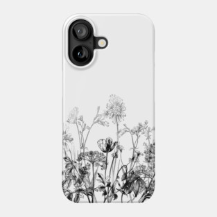 Black White Wild Flowers Botanical Pattern Illustration Vintage Phone Case